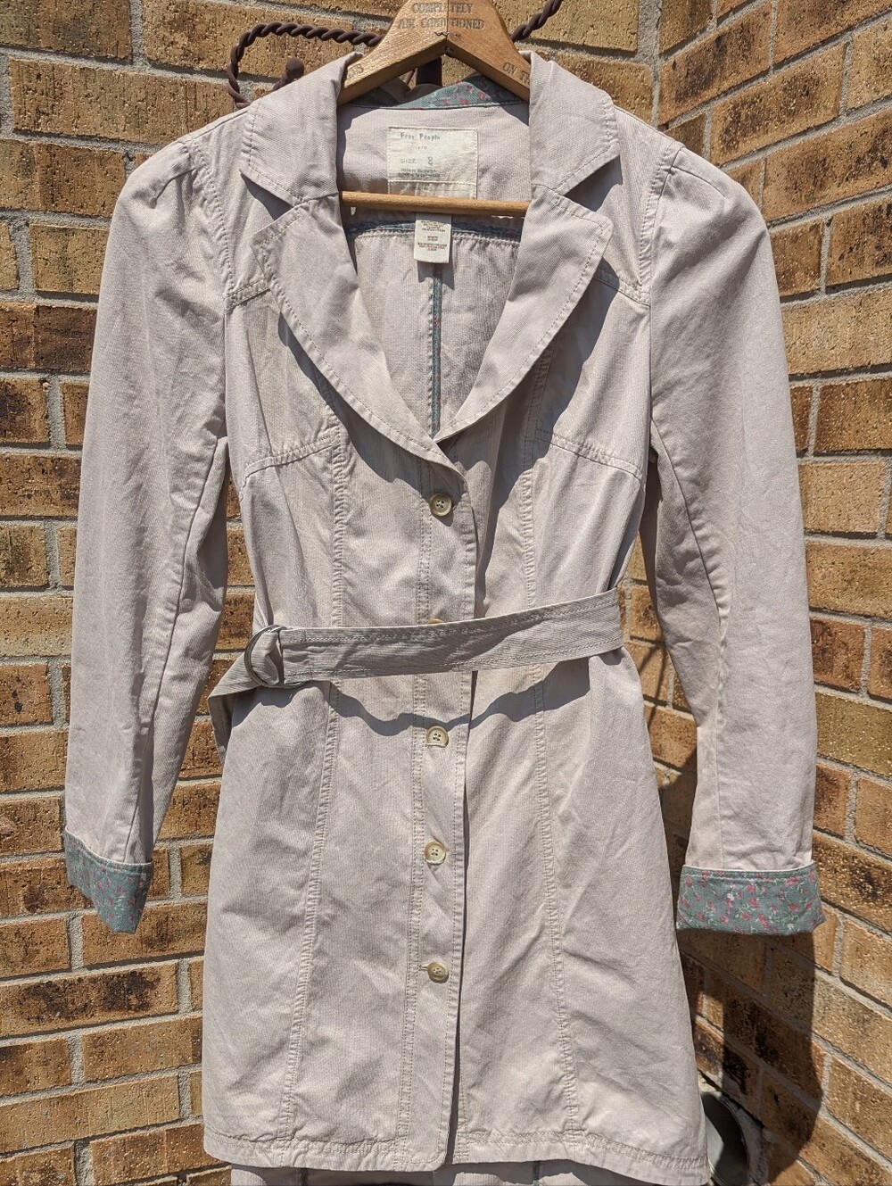 Free People 1970s Cream Textured Trench Coat with Belt
